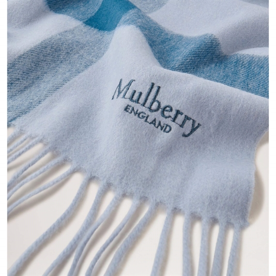 Mulberry Large Check Merino Wool Scarf Poplin Blue & White